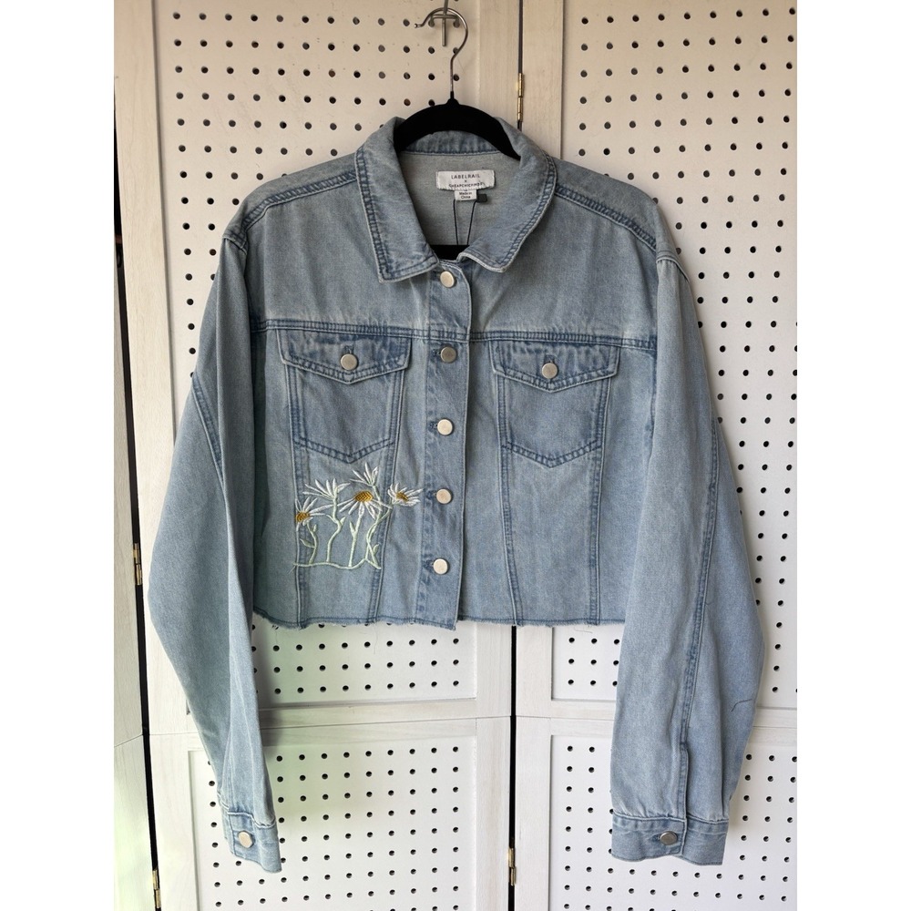 Label Rail Cheap Chic Finds Floral Embroidered Crop Denim Jean Jacket‎ Lg/12